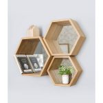 Wooden City Ahşap Doğal Ham Altıgen Dekoratif Duvar Rafı 3'lü Set